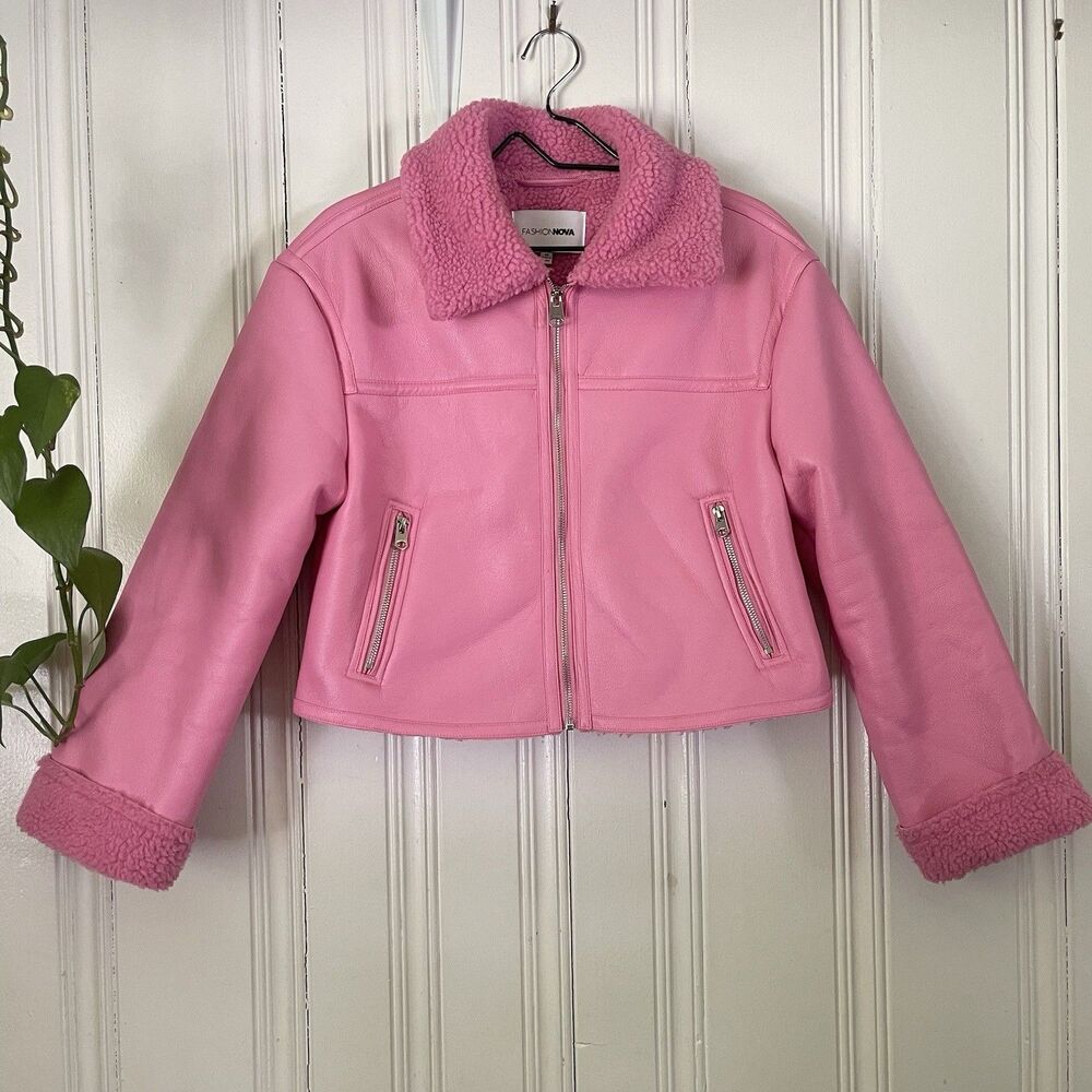 Fashion Nova Women Pink Faux Leather Shearling Trim Full Zip Bomber Jacket Sz M